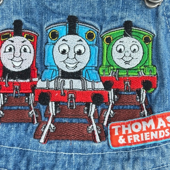 VTG 90s Thomas the Tank Train Engine Denim Overalls Embroidered 12M Blue Jean - Picture 3 of 9